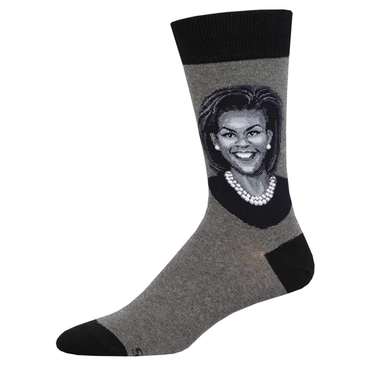 A pair of crew socks featuring a portrait of historical figure, First Lady Michelle Obama on a gray background with black trim.