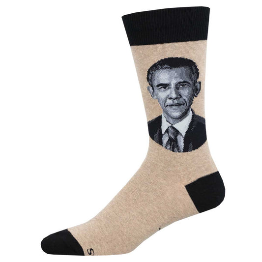 A pair of socks with a portrait of U.S. president, Barack Obama, printed on the side.