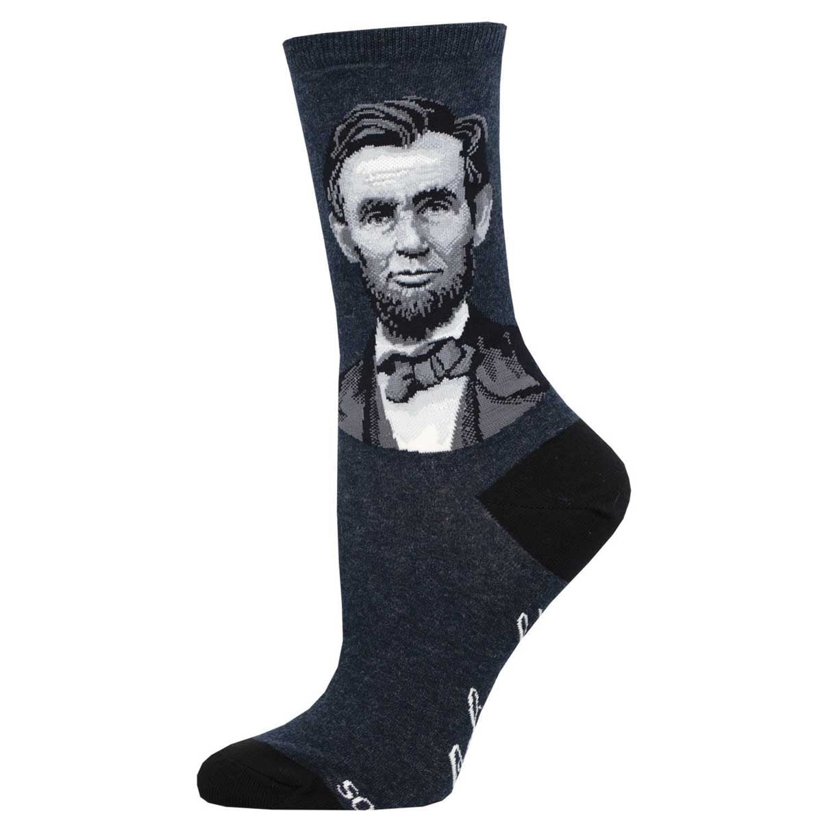 A pair of crew socks with a portrait of President Lincoln printed on the side.