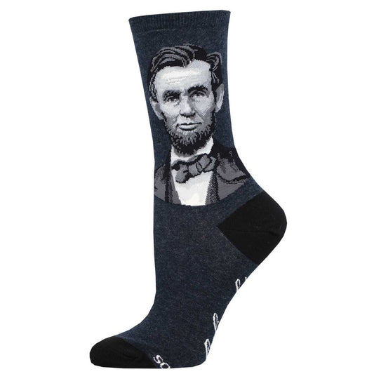 A pair of crew socks with a portrait of President Lincoln printed on the side.