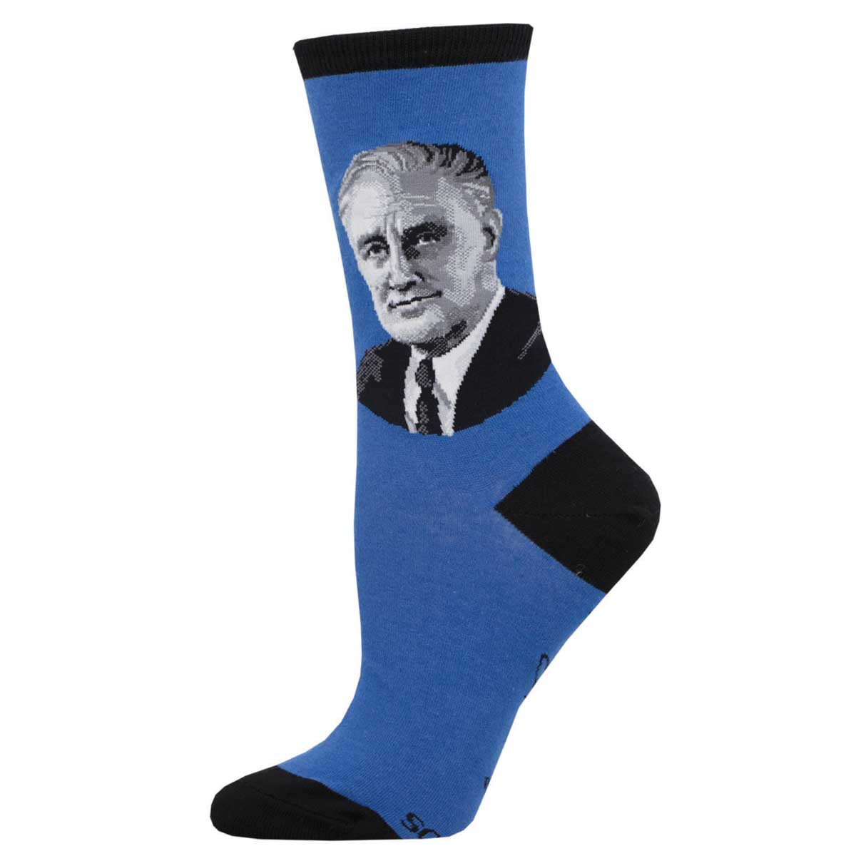A pair of blue cotton crew socks featuring a black and white portrait of President FDR on the side.