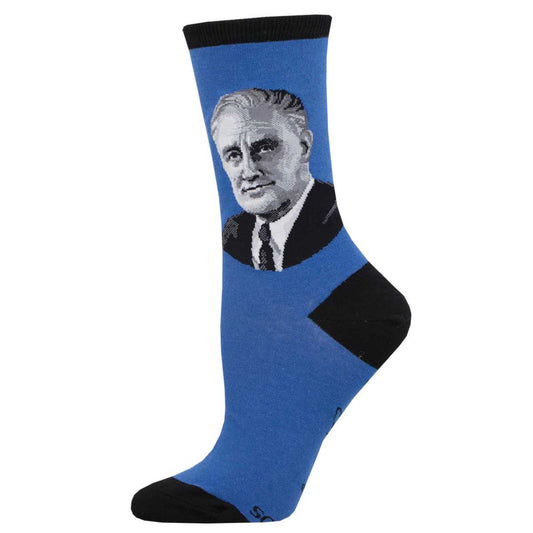 A pair of blue cotton crew socks featuring a black and white portrait of President FDR on the side.