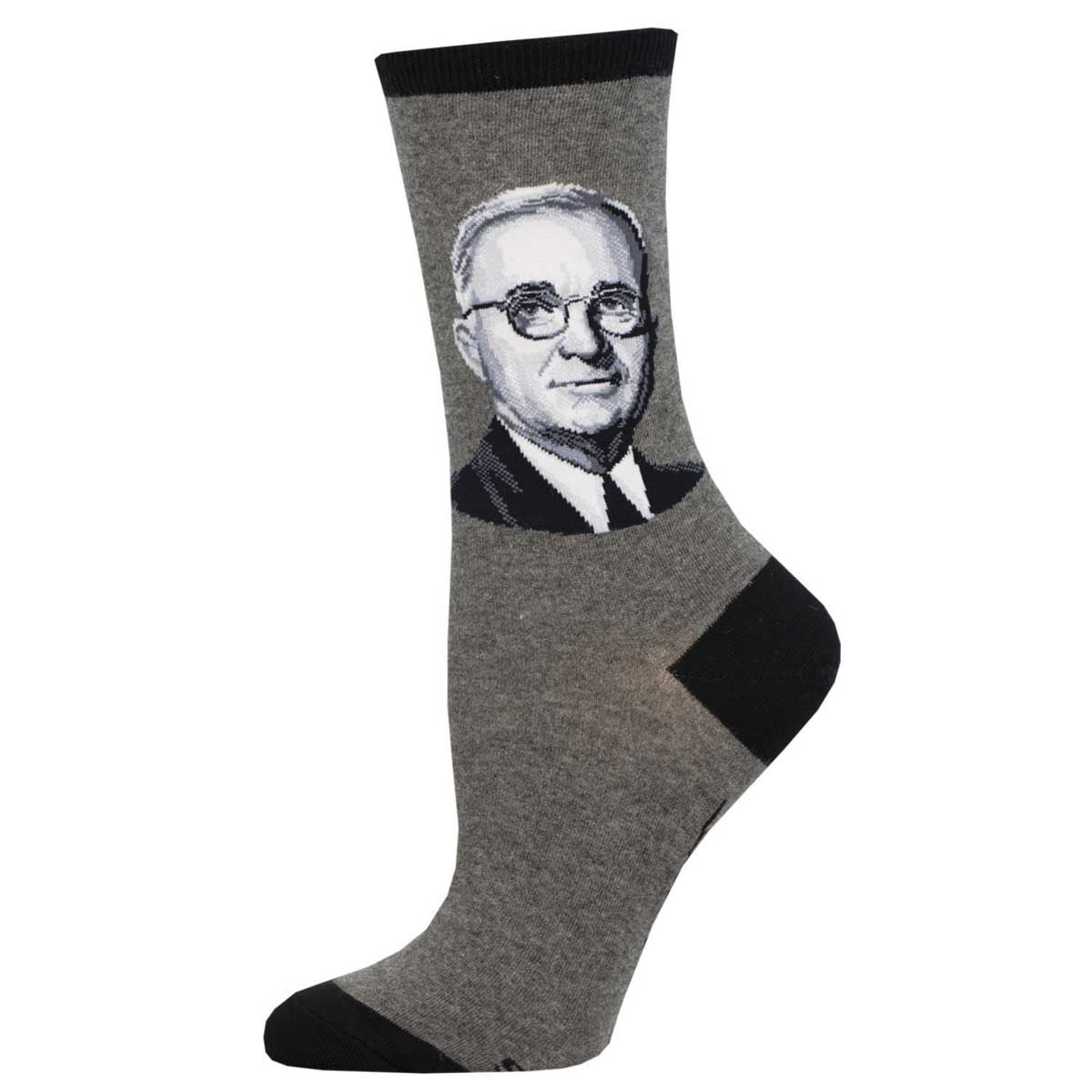 A pair of gray crew socks with a portrait of Harry Truman in the center.