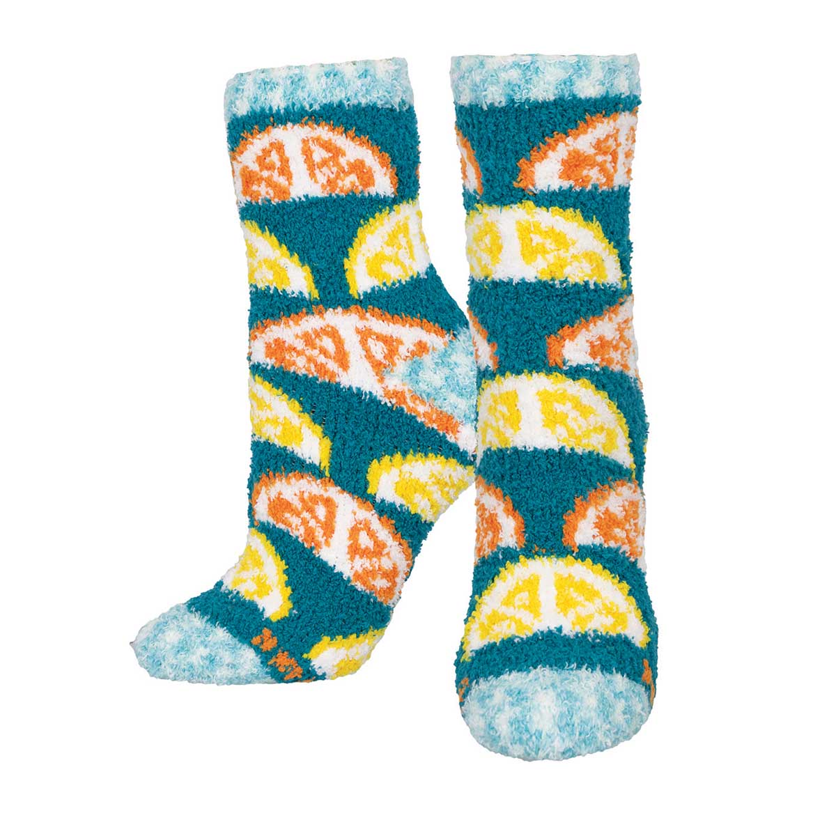 A pair of fuzzy socks with a pattern of orange and lemon slices on a teal blue background.