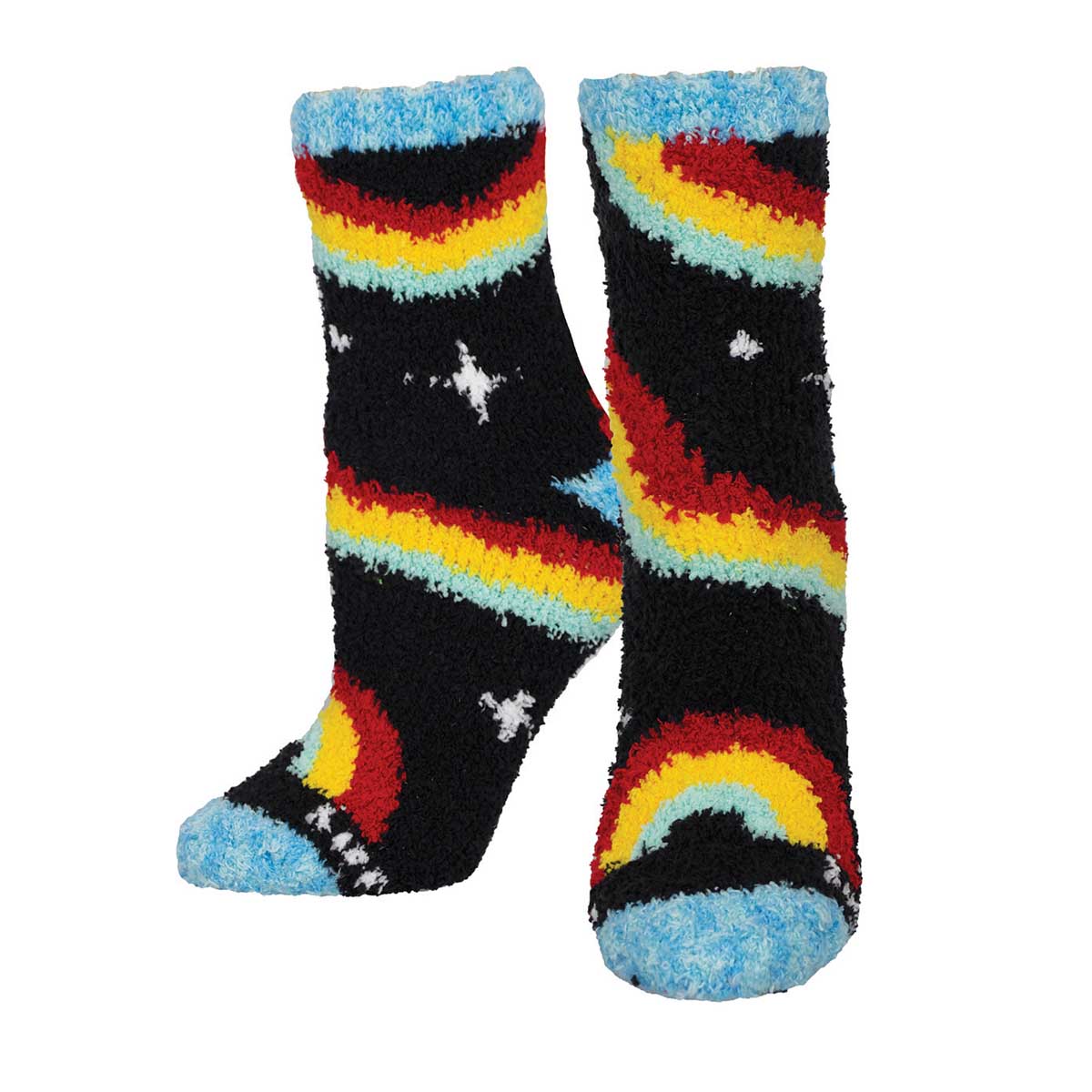 A pair of fuzzy socks with a colorful striped pattern, featuring black, red, yellow, and blue hues, along with white accents.