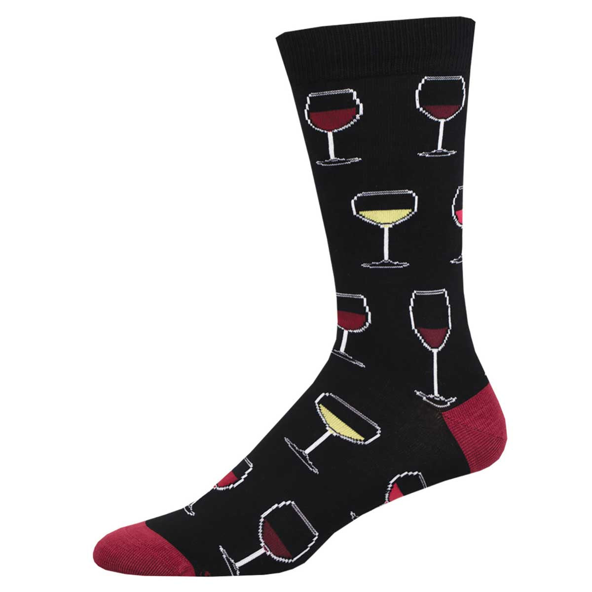 A pair of black bamboo socks with a pattern of wine glasses filled with different wine varietals. 