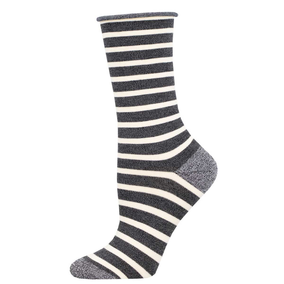 Women's Bamboo Crew Socks - Sailor Stripes - Charcoal and White with Grey Heel and Toe - Socksmith