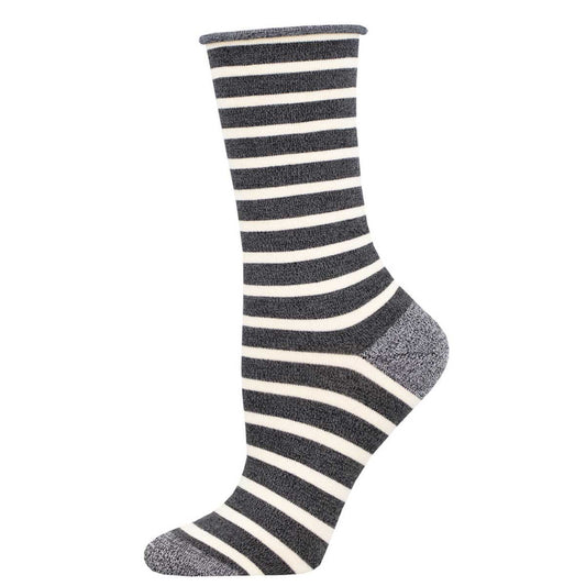 Women's Bamboo Crew Socks - Sailor Stripes - Charcoal and White with Grey Heel and Toe - Socksmith