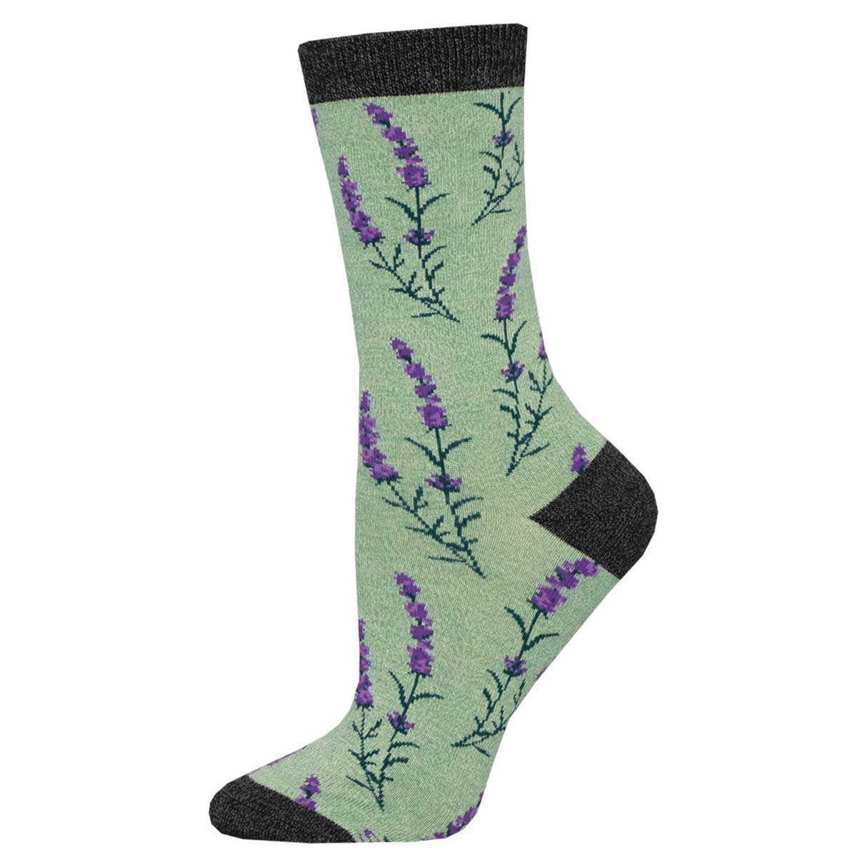A green sock with a pattern of lavender flowers and leaves.