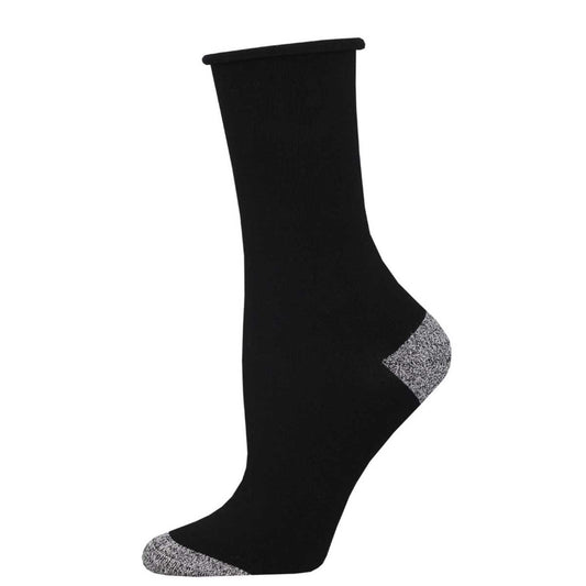 A pair of black bamboo socks with a contrasting gray heel and toe design.