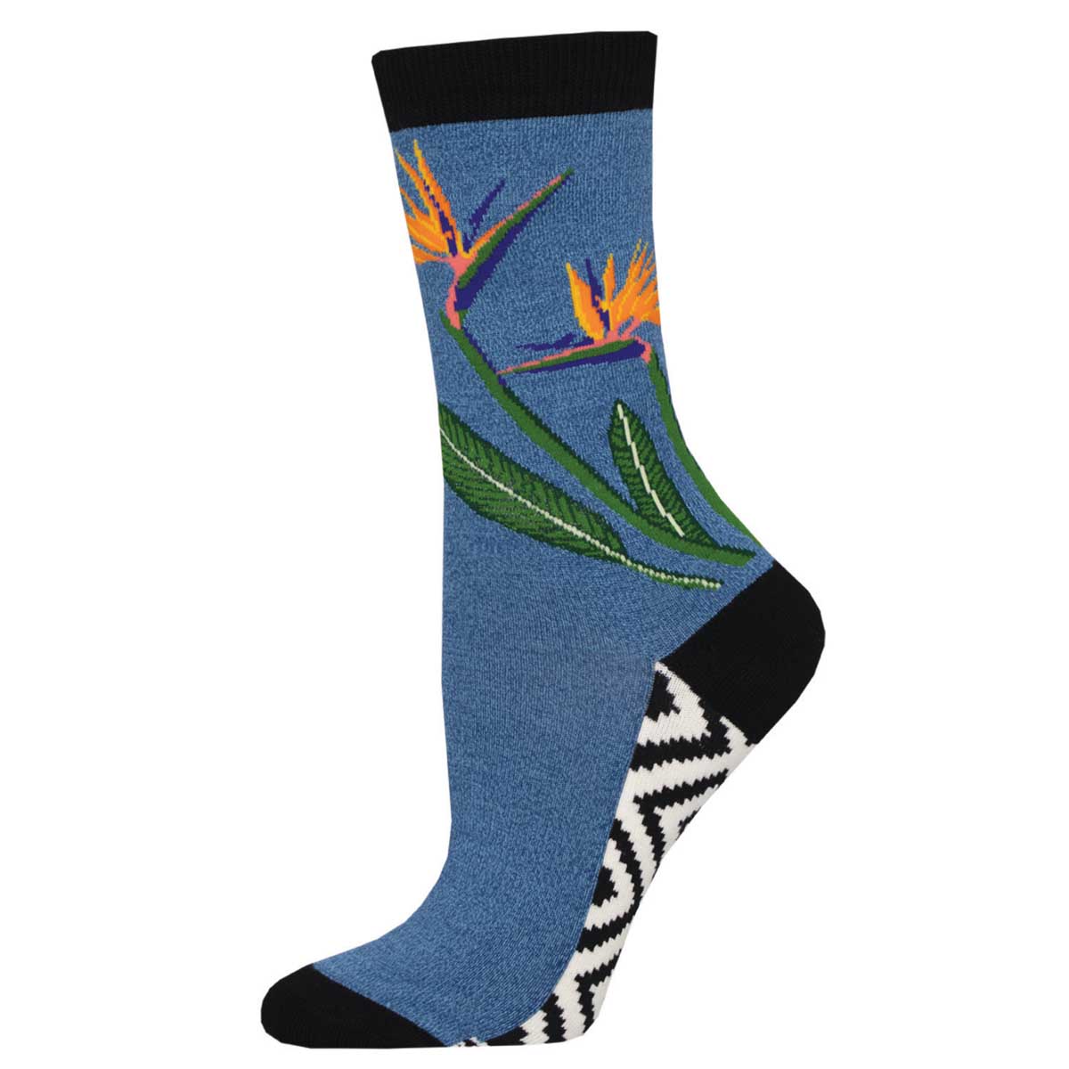 A pair of women's socks with a floral pattern featuring birds of paradise flowers in blue and black colors.