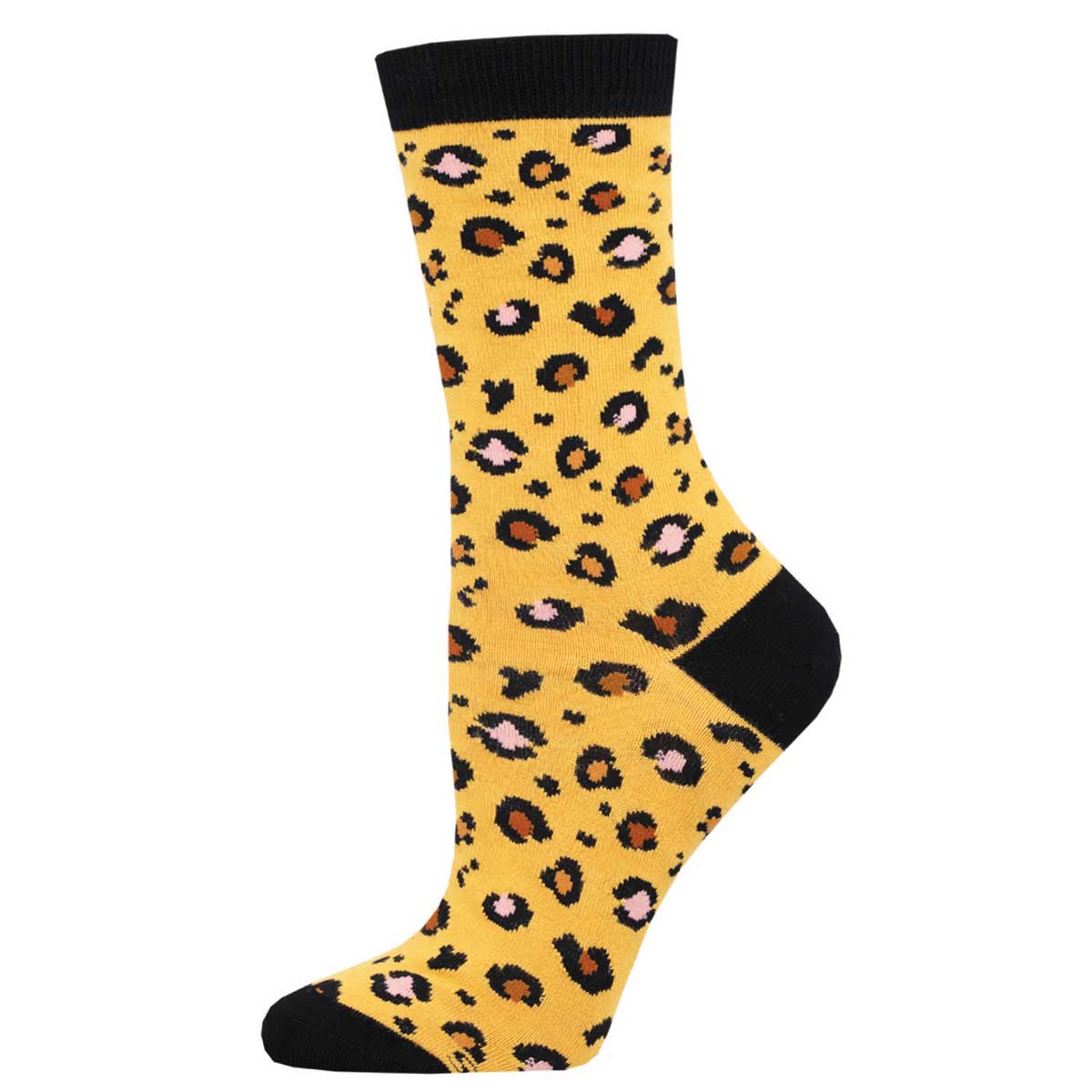 A pair of women's socks with a leopard print pattern in beige, black, yellow, and multicolor.