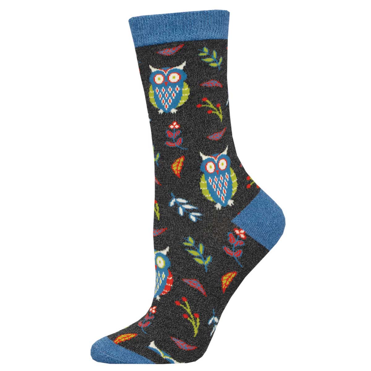 A charcoal gray-colored sock with a pattern of owls and leaves in shades of orange and yellow, featuring a golden heel and toe.