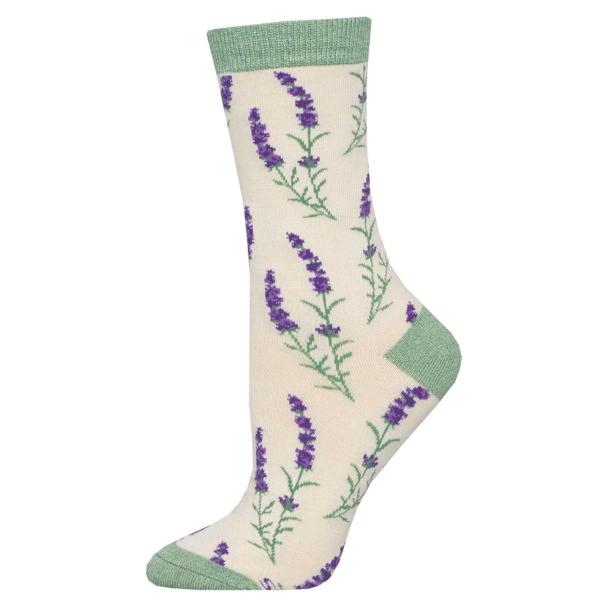 An ivory sock with a pattern of lavender flowers and leaves.