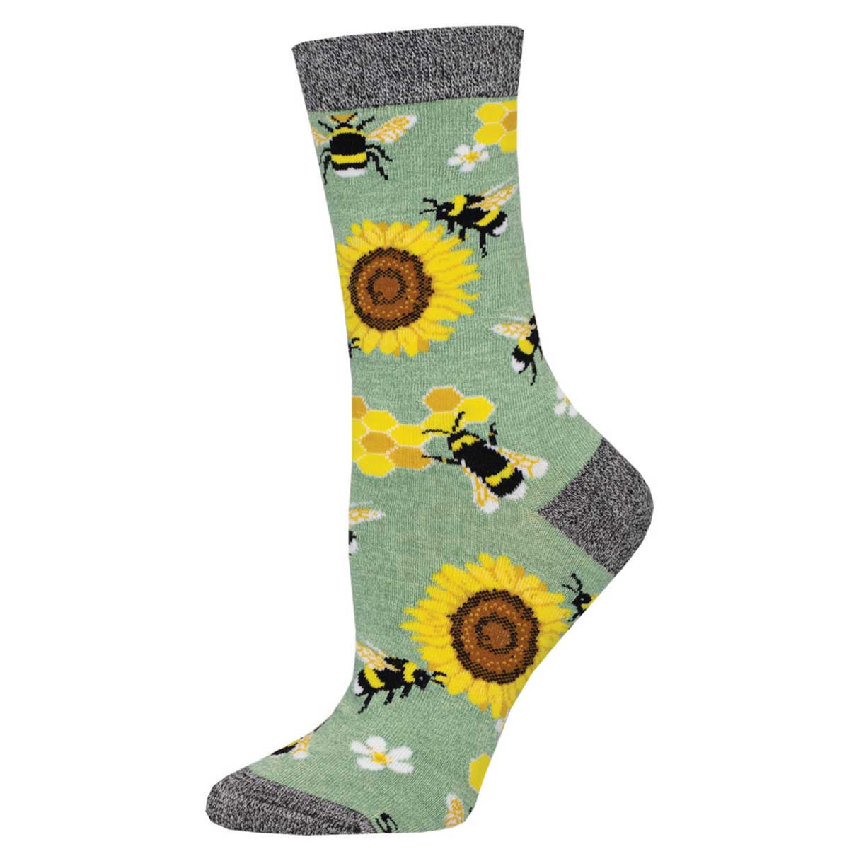 A pair of women's bamboo socks with a crew length featuring a pattern of bees and sunflowers on a green background with gray trim.