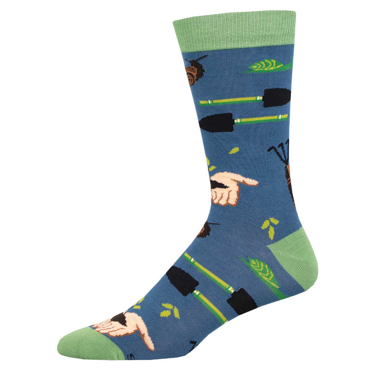 A pair of blue bamboo socks with a floral pattern featuring bamboo leaves and garden tools like gloves and seeds.