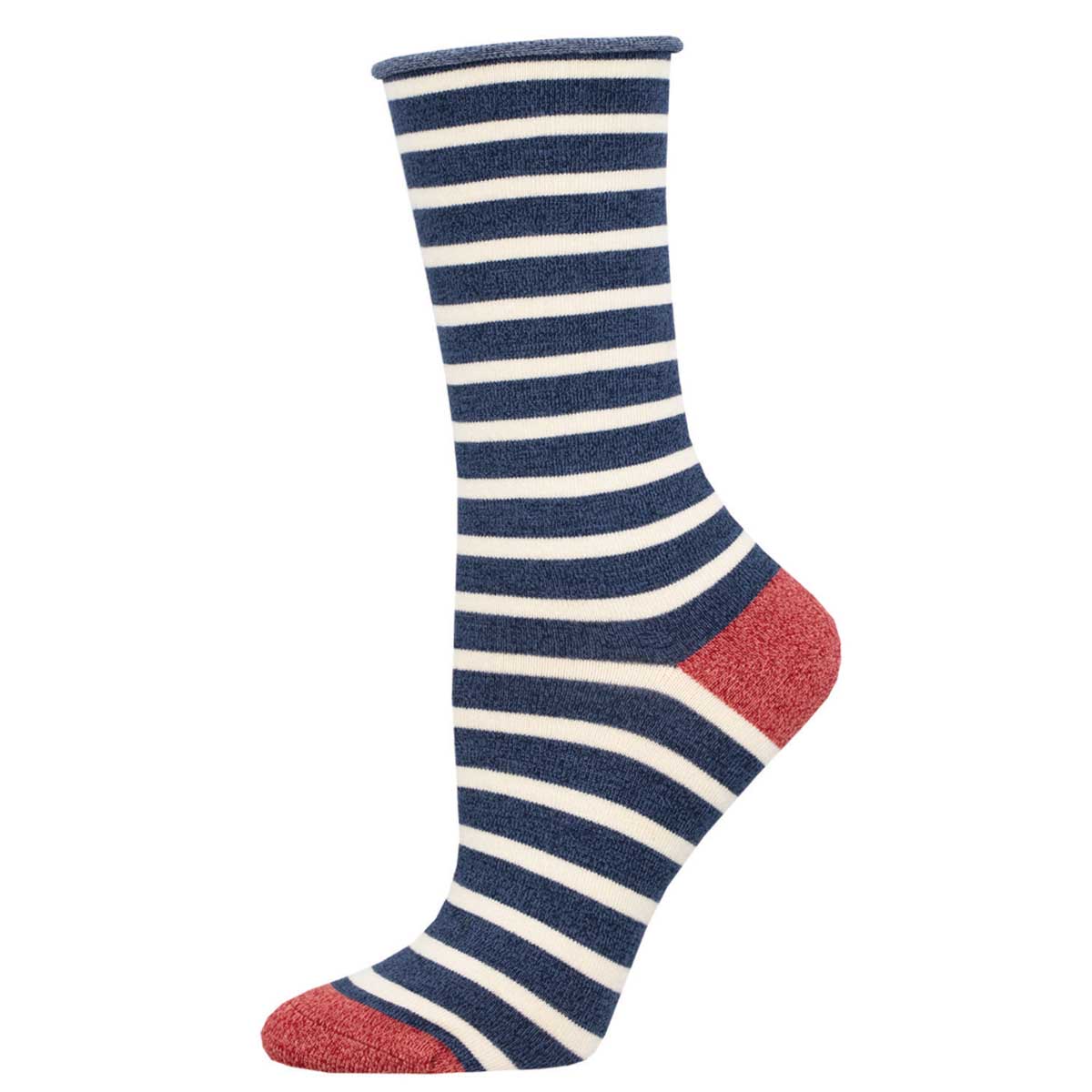 Navy and white striped sock with red heel and toe