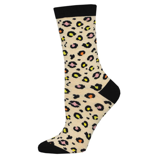 A pair of women's socks with a leopard print pattern in beige, black, yellow, and multicolor.