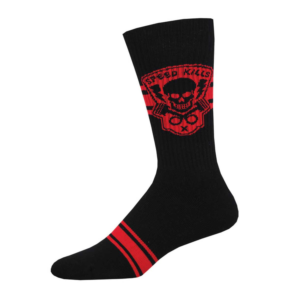 A black crew sock with a red graphic design of a skull and the text 'Speed Kills' on the upper part near the ankle.