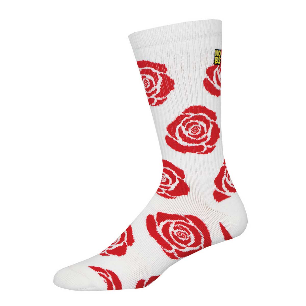 A pair of white crew socks with a pattern of red roses.