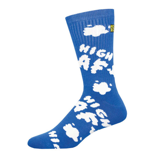 A blue sock with white cloud patterns and the text 'HIGH AF' displayed prominently in one of the clouds.