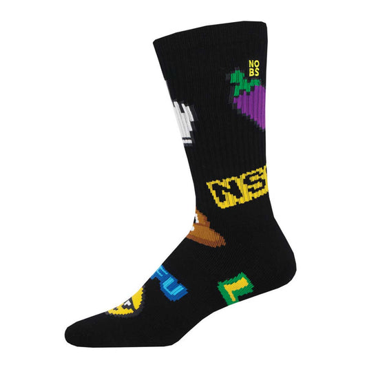 This image features a pair of vibrant, colorfully designed crew socks intended for an adult audience, as suggested by the "Not Safe For Work" label. The socks display bold lettering and playful graphics in a mix of black, blue, and green hues, with additional details in yellow and white.