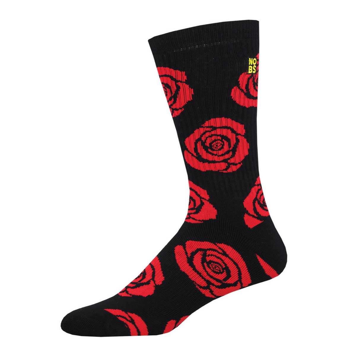 A pair of black crew socks with a pattern of red roses.