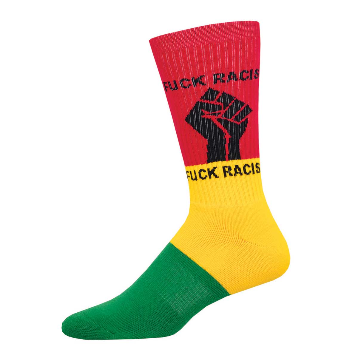 A colorful pair of athletic crew socks with the text 'FUCK RACISM' written on the calf area, featuring red, yellow, and green colors.