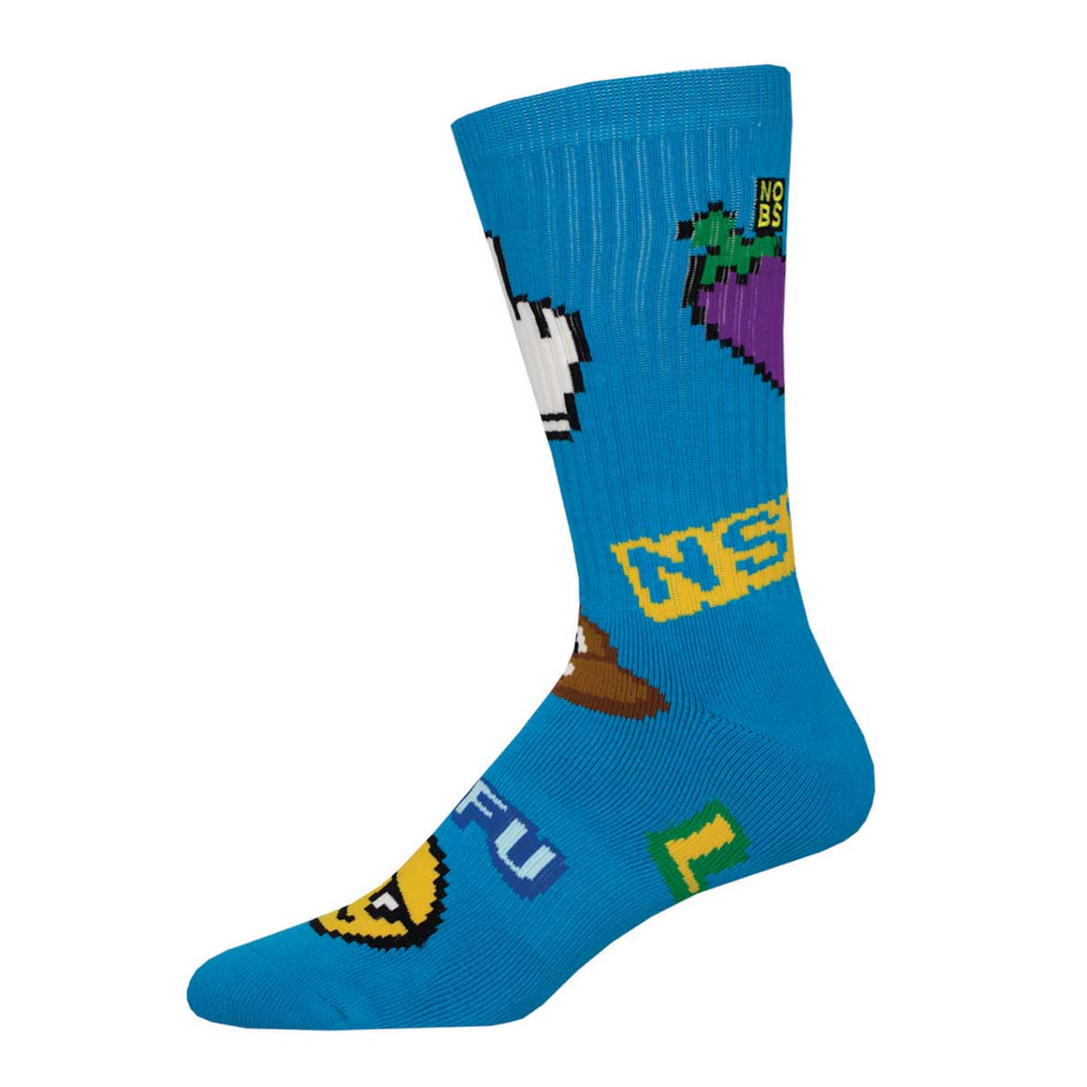 This image features a pair of vibrant, colorfully designed crew socks intended for an adult audience, as suggested by the "Not Safe For Work" label. The socks display bold lettering and playful graphics in a mix of black, blue, and green hues, with additional details in yellow and white.