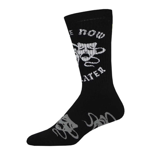 A pair of black crew socks with text and graphic design in white.