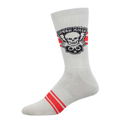 A grey crew sock with a red graphic design of a skull and the text 'Speed Kills' on the upper part near the ankle.