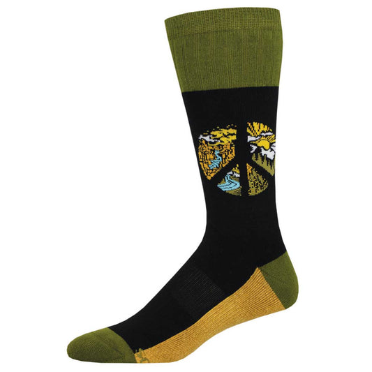 A pair of socks with a geometric pattern in black, green, and yellow colors, featuring a peace sign