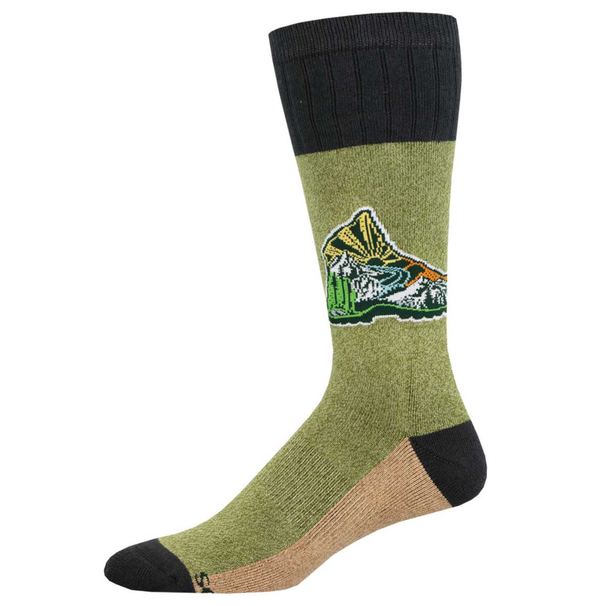 A pair of AtomicChild branded green and beige cotton socks with a mountain design on the ankle area, designed for hiking.