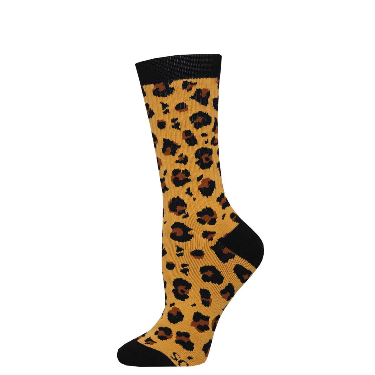 A pair of yellow and black leopard print crew socks.