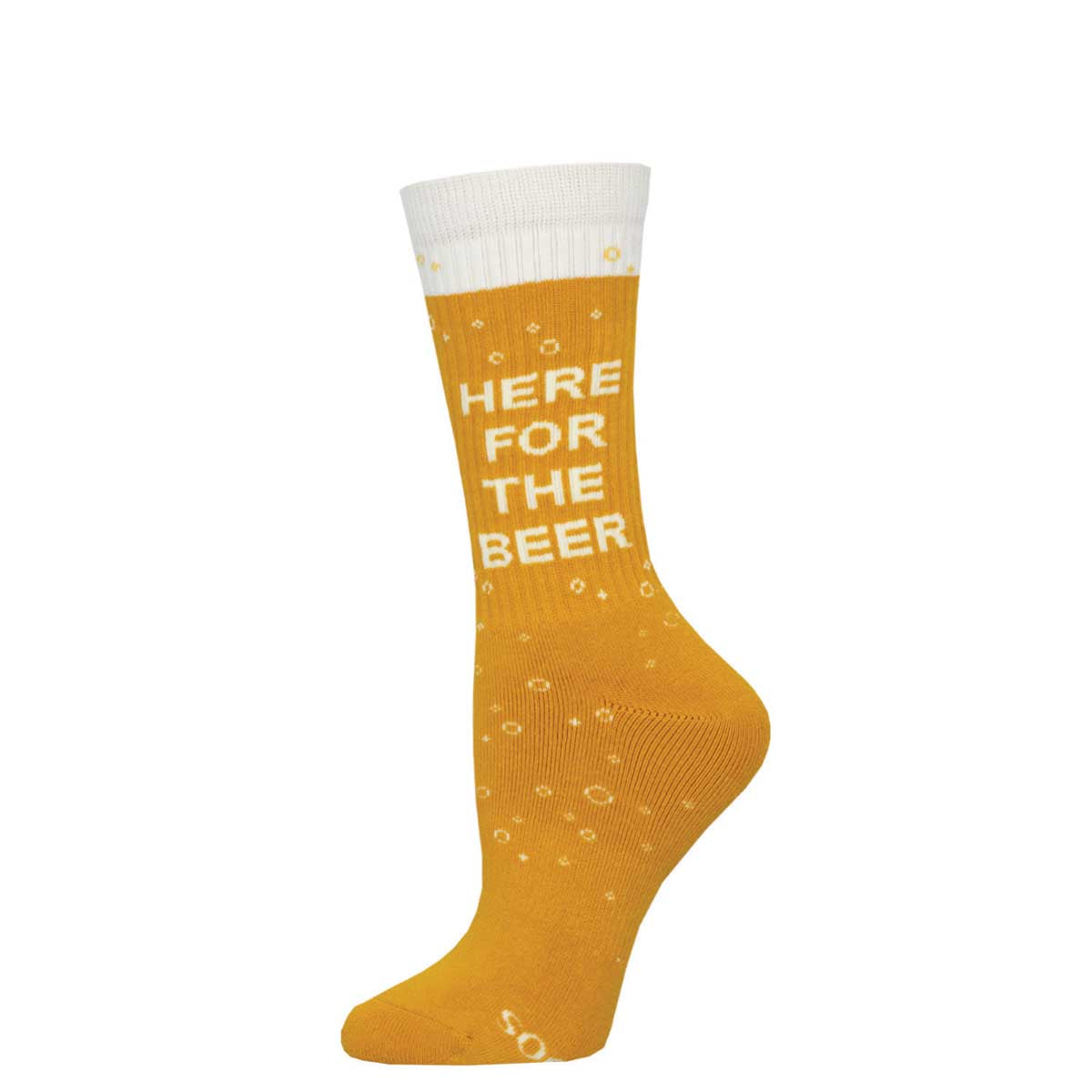 A yellow crew sock with the text 'HERE FOR THE BEER' written on it, featuring a pattern of nice proper beer.