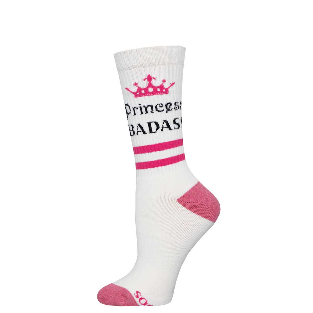 A pair of white crew socks with pink stripes and text reading 'Princess BADASS' on the calf area.
