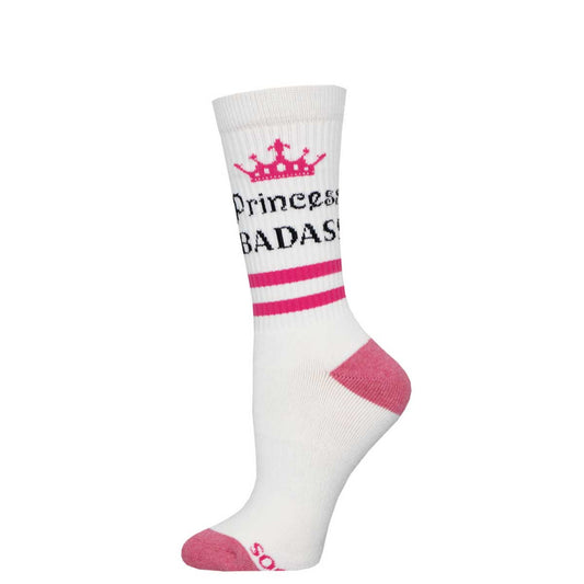A pair of white crew socks with pink stripes and text reading 'Princess BADASS' on the calf area.