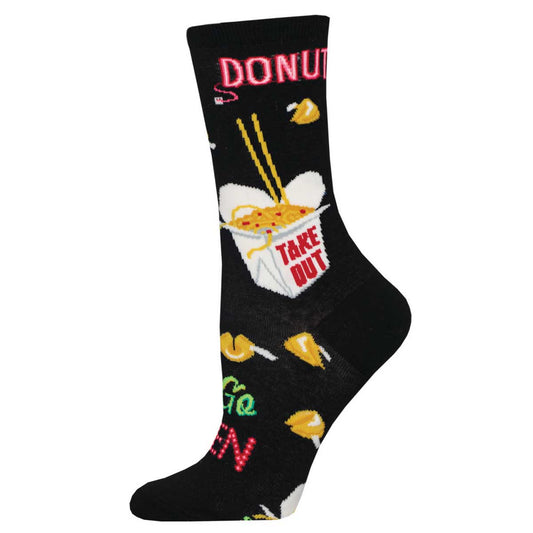 A pair of black novelty cotton socks with a pattern that includes the text 'DONUT TAKE OUT' and various food items like donuts and Chinese food.