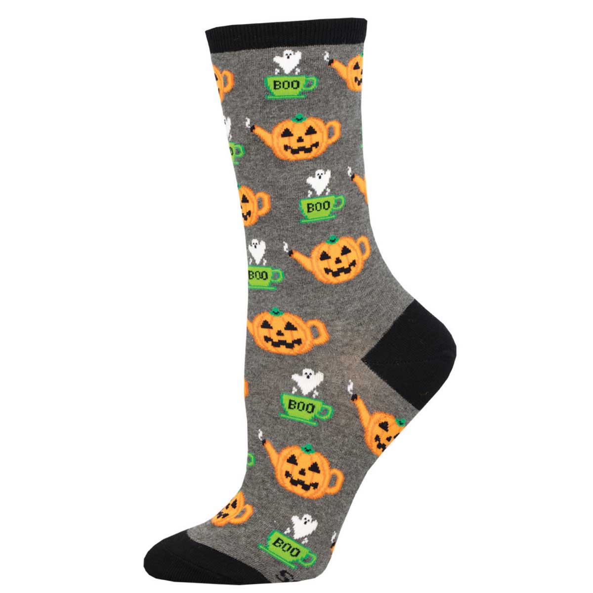 A pair of grey socks with black trim featuring orange pumpkin designs and the word 'BOO' on them.