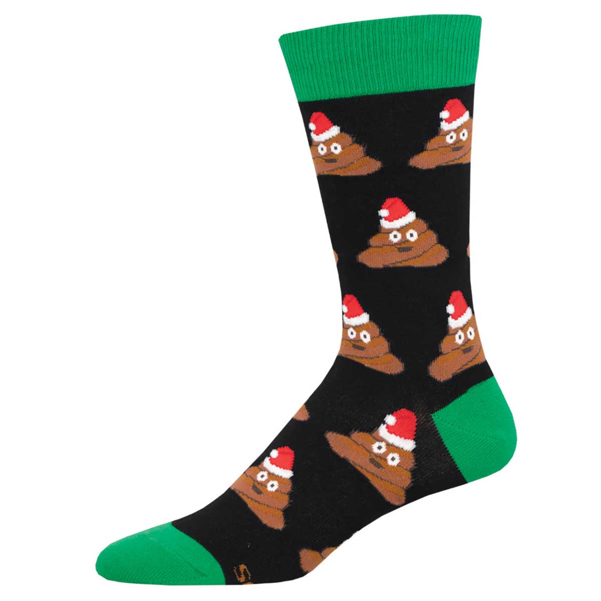 A pair of men's crew socks with a Christmas theme, featuring cartoon poop icons wearing Santa hats against a black background with green trim.