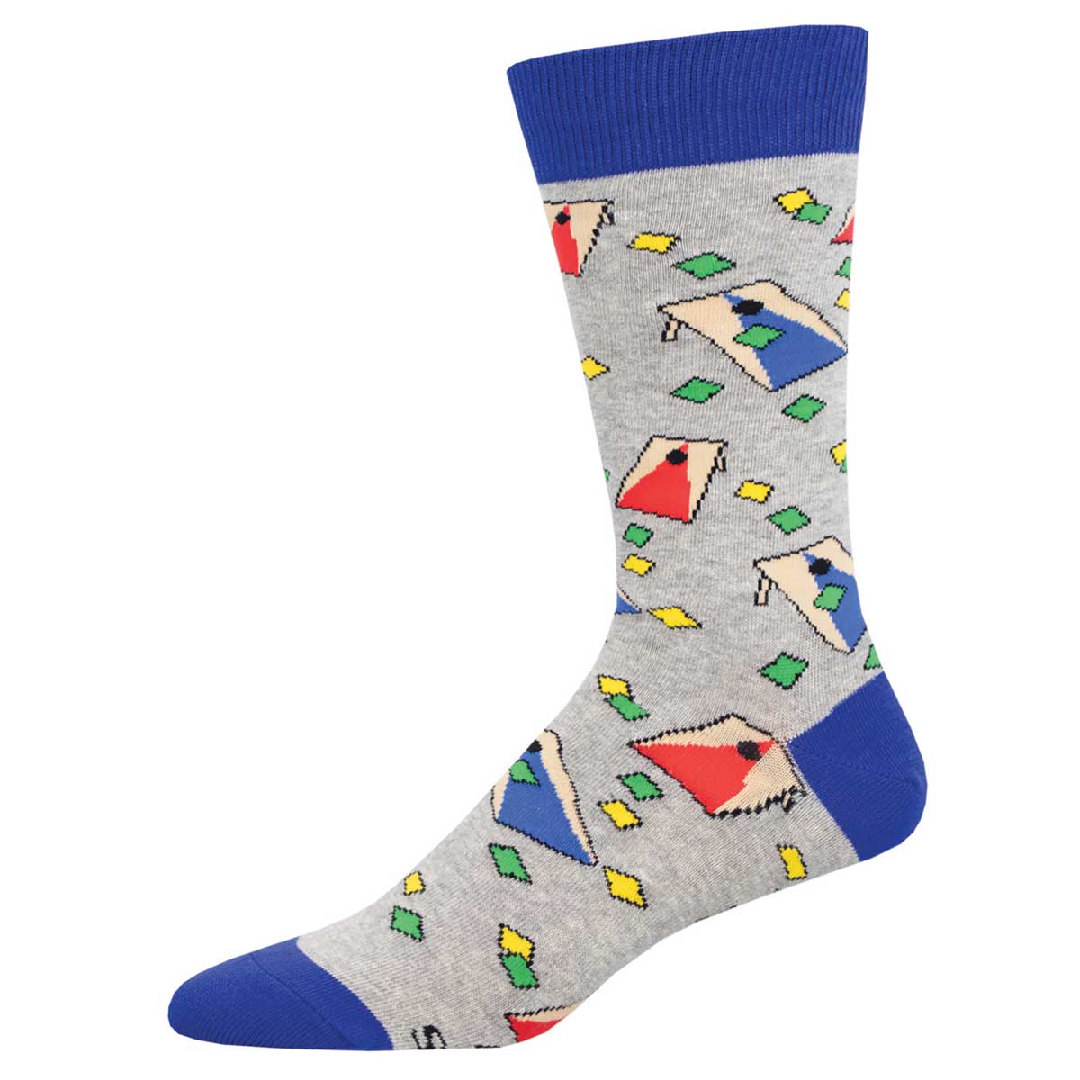 A pair of gray crew socks with a pattern that includes cornhole bags and boards in various colors. The socks have blue accents and are designed for men.