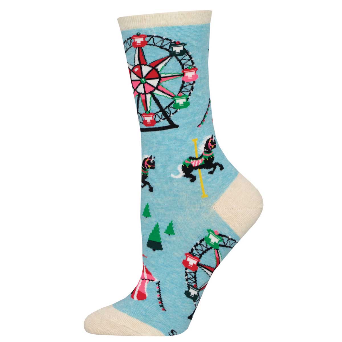 A pair of blue cotton crew socks with Christmas-themed patterns including a reindeer, Ferris wheel, and holiday trees.