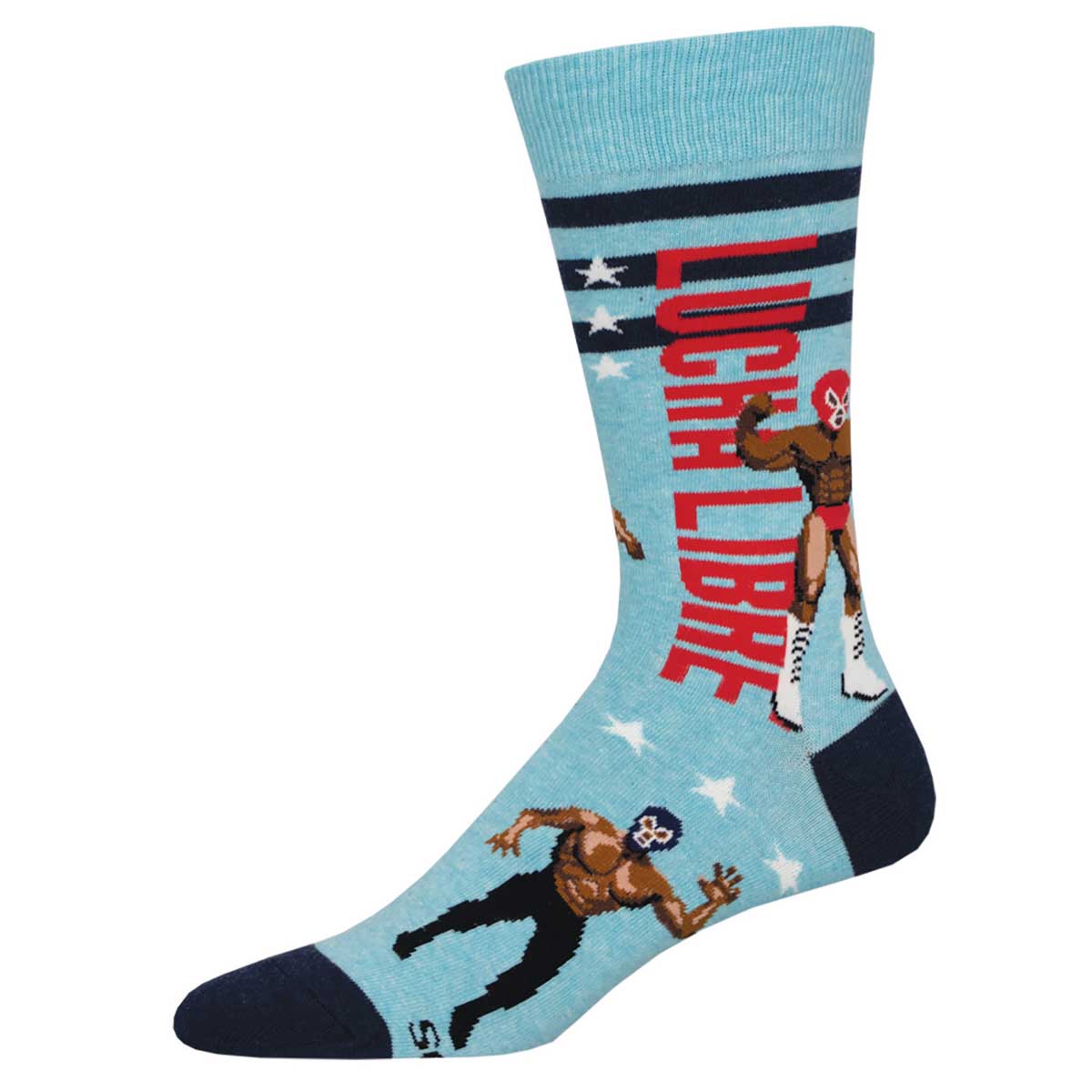 A pair of colorful crew socks with a blue background featuring two wrestling characters and the text 'LUCHA LIBRE'.