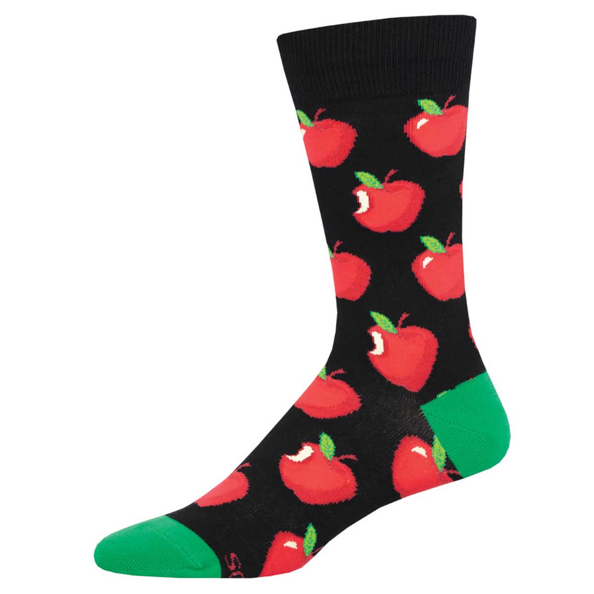 A pair of black cotton crew socks with a pattern of red apples and green accents on the toes and heels.