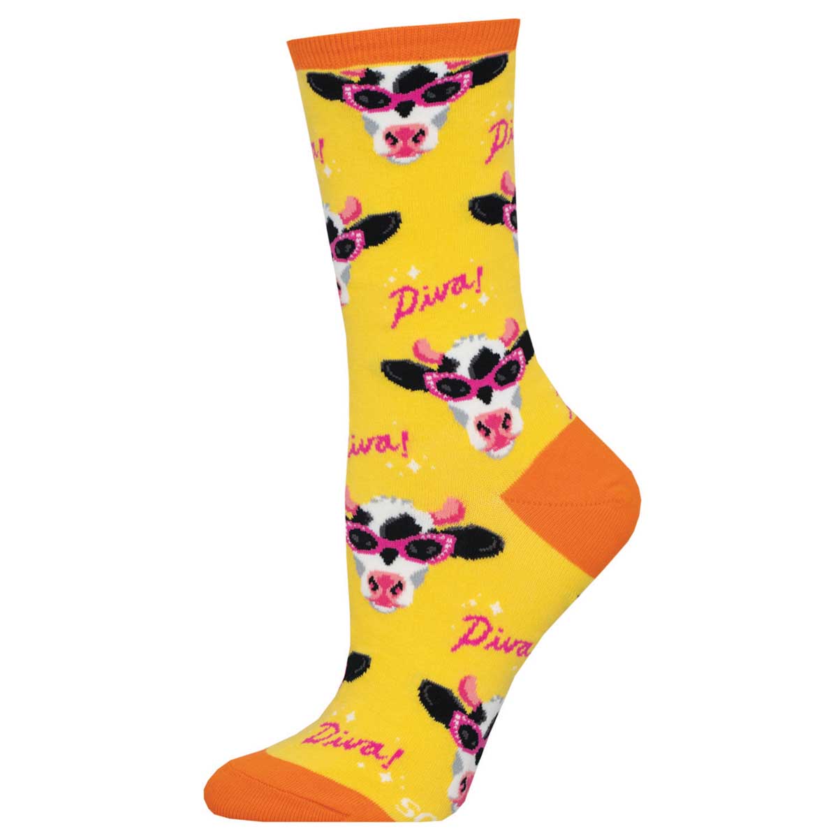 A pair of colorful crew socks with a pattern of cows wearing sunglasses on a yellow background.