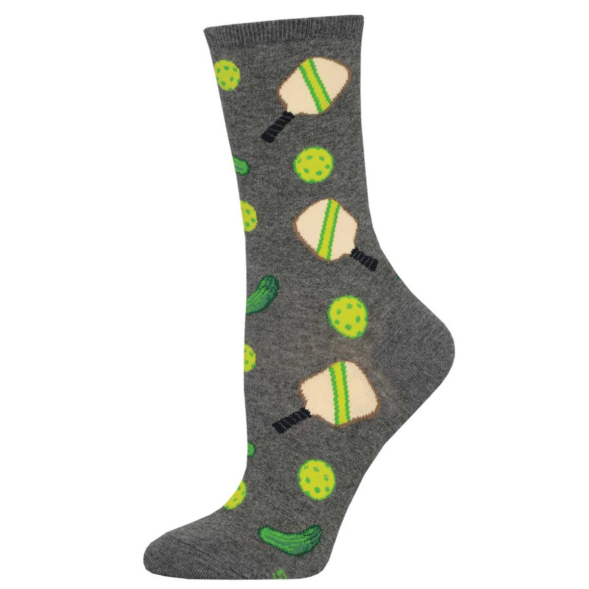 A pair of gray crew socks with a pattern of pickleball paddles and balls in green and yellow.