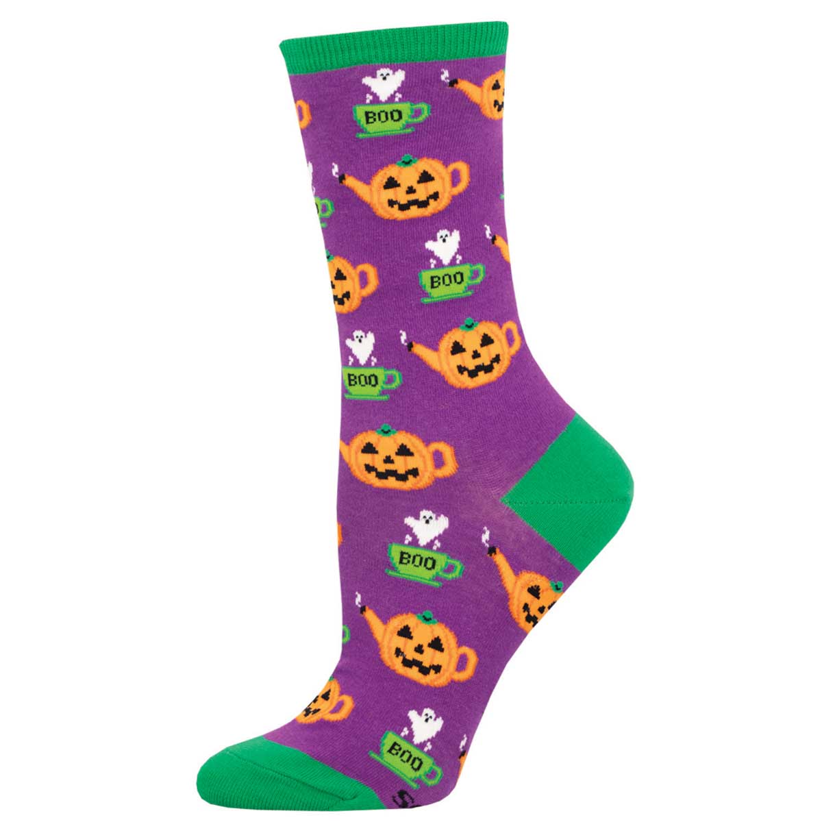 A pair of purple socks with green trim featuring orange pumpkin designs and the word 'BOO' on them.