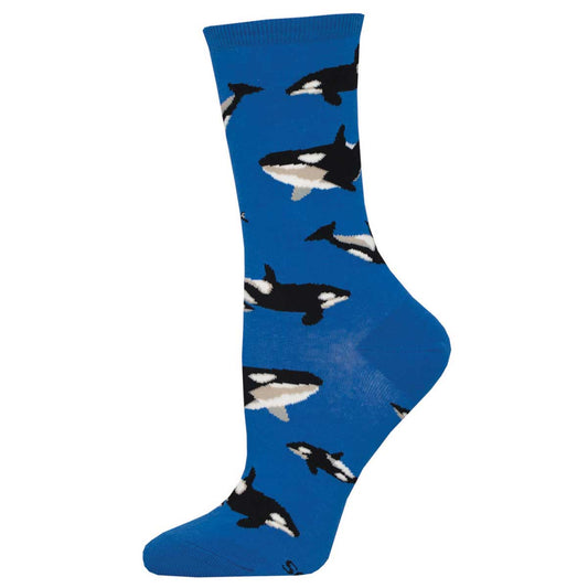 A blue sock with multiple killer whale patterns