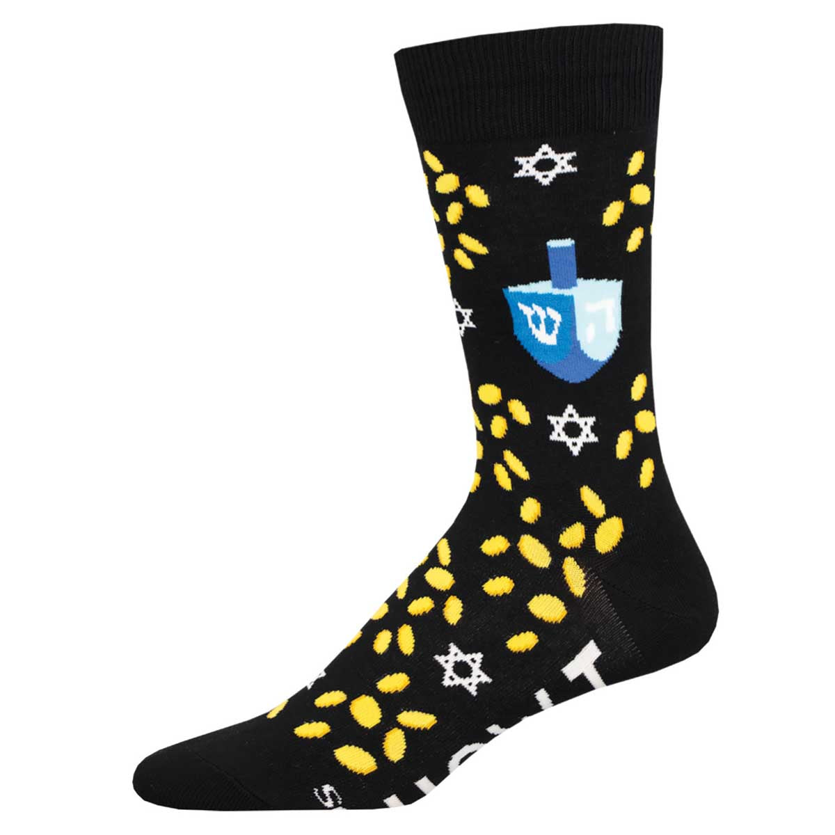 A pair of black cotton crew socks with a pattern of yellow coins, stars, and a blue dreidel on the ankle area.