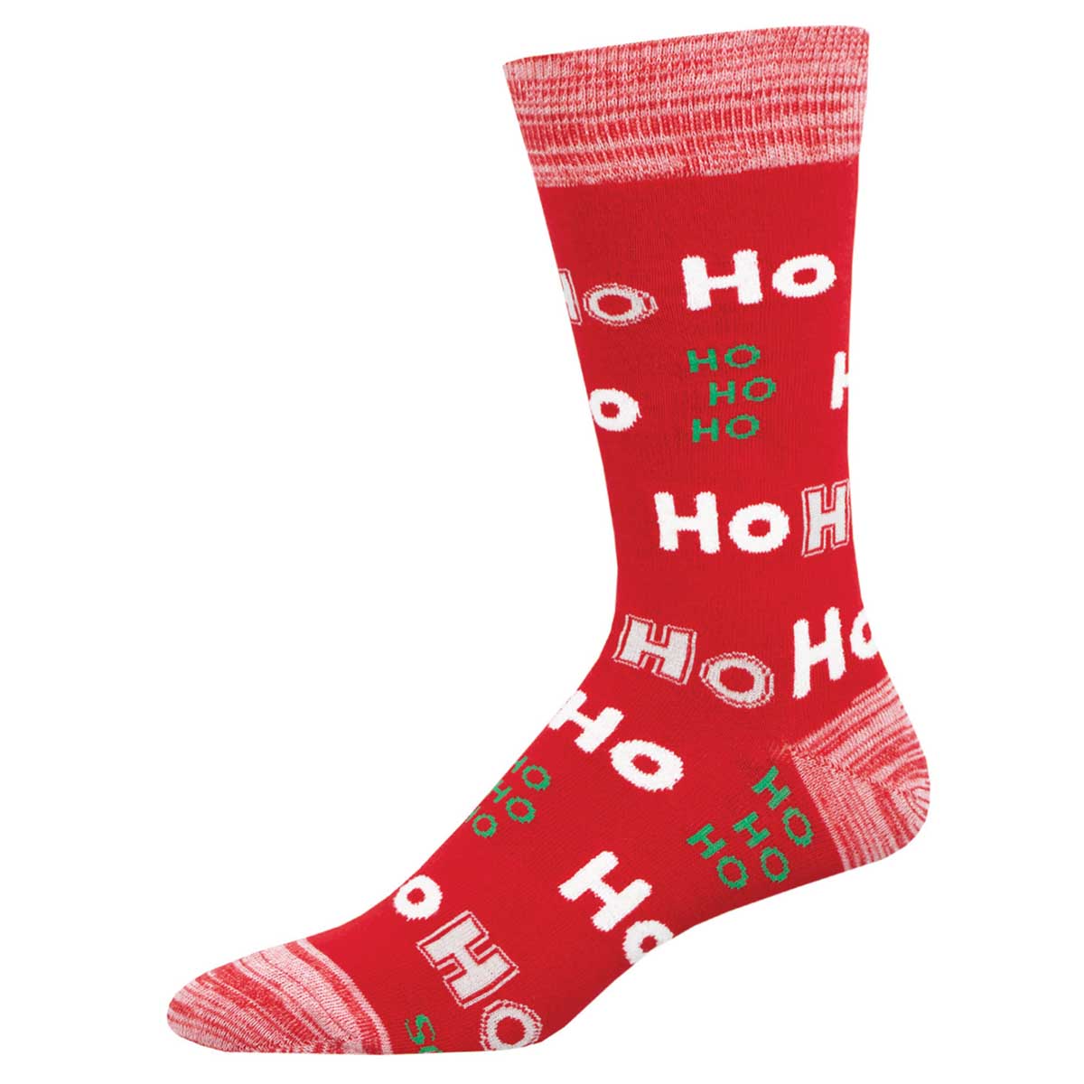 A red crew sock with the text 'Ho Ho Ho' repeated across the surface.